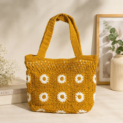 Mustard Yellow Daisy Crochet Tote Bag