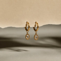 Oval Crystal Drop Hoop Earrings - 18K Gold Plated