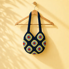 Navy Blue Sunburst Crochet Shoulder Bag