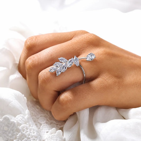 Silver Crystal Leaf Wrap Ring