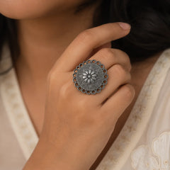 Black Oxidised Floral Medallion Rings