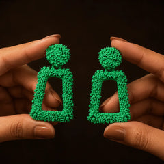 Green Textured Geometric Drop Earrings