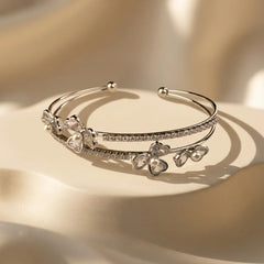 Floral Pearl Cuff Bracelet - Rhodium Plated