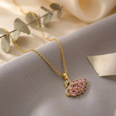 Pink Crystal Swan Pendant Necklace - 18K Gold Plated