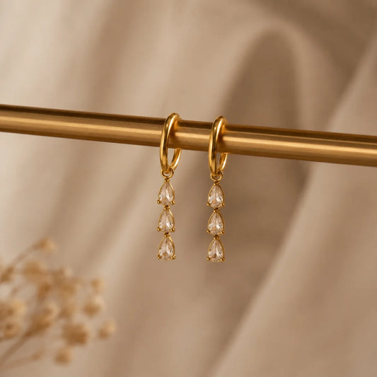 Triple Crystal Drop Earrings - 18K Gold Plated