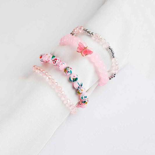 Pack Of 4 Pink Butterfly Beaded Bracelet Combo