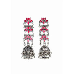 Silver Pink Lotus Jhumka Earrings