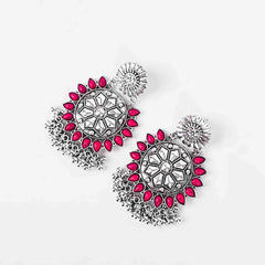 Silver Magenta Floral Geometric Earrings