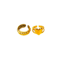 Pack Of 2 Golden Entwined & Heart Ring Duo Combo
