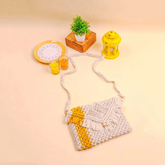 Yellow Striped White Macrame Sling Bag