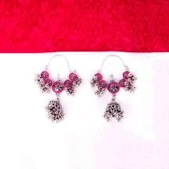 Floral Pink Enamel Jhumka Earrings