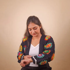 Vibrant Black Floral Crochet Cardigan