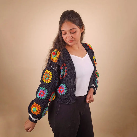 Vibrant Black Floral Crochet Cardigan