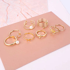 Pack of 8 Golden Pearl Statement Rings Combo