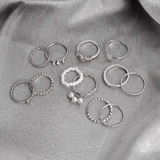 Pack of 12 Eclectic Silver Pearl Sparkling Rings Combo