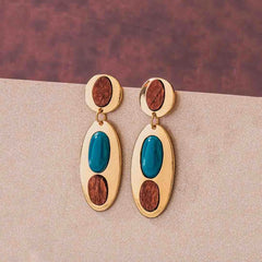 Oval Wooden Turquoise Drop Earrings