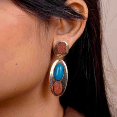 Oval Wooden Turquoise Drop Earrings