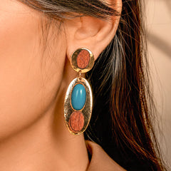 Oval Wooden Turquoise Drop Earrings
