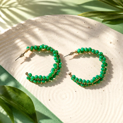Beaded Sea Green Open Hoop Earrings