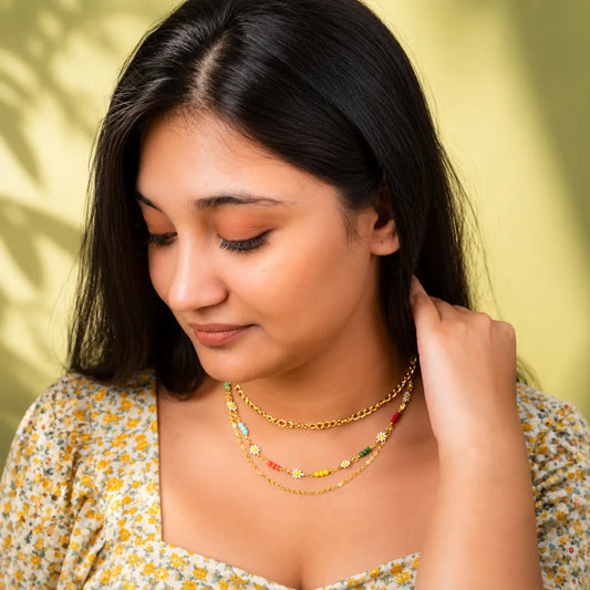 Floral Beaded Layered Chain Necklace