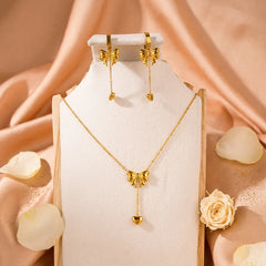 Gold Bow Tassel Chain Heart Jewellery Set