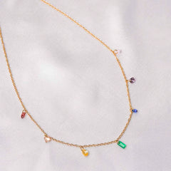 Colourful Dainty Crystal Gems Chain Necklace - 18K Gold Plated
