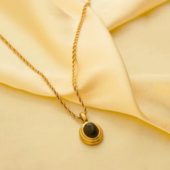 Black Oval Pendant Rope Chain Necklace - 18K Gold Plated