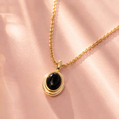 Black Oval Pendant Rope Chain Necklace - 18K Gold Plated