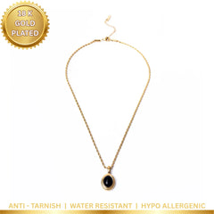 Black Oval Pendant Rope Chain Necklace - 18K Gold Plated