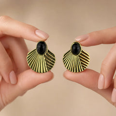 Black Stone Fan Stud Earrings