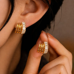 Baguette Half Hoop Stud Earrings - 18K Gold Plated