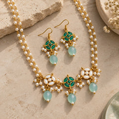 Green & White Kundan Pearl Necklace Set