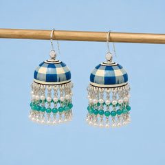 Checkered Pearl fringe Meenakari Jhumkas