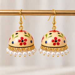 Cream Floral Meenakari Jhumka
