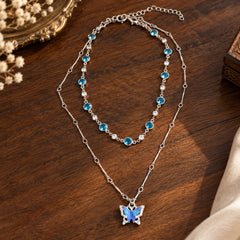 Blue Butterfly Crystal Layered Necklace