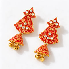 Red Ethnic Embellished Jhumka Earrings