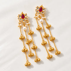 Red Stone Lotus Long Chain Kashmiri Earrings