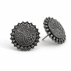 Oxidised Black Round Floral Stud Earrings