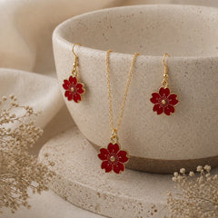 Red Flower Necklace & Earrings Set