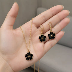 Black Flower Necklace & Earrings Set
