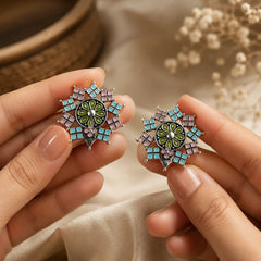 Enamel Mandala Silver-Tone Stud Earrings