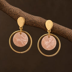 Gold Peach Marble Disc Drop Earrings