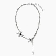 Gothic Angel Wing Y-Necklace with Black Hearts