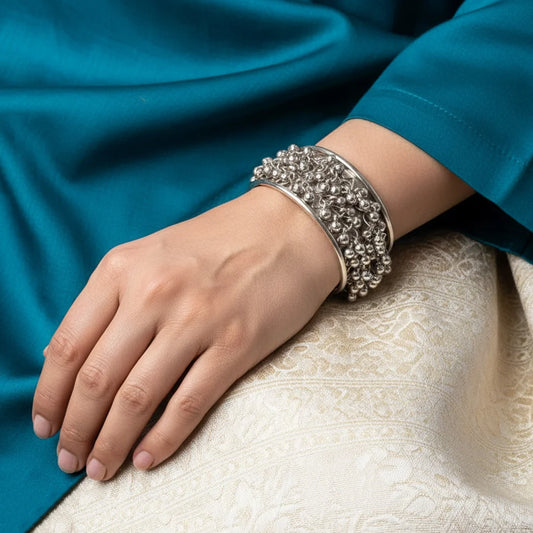 Silver Wavy Ghungroo Cuff Bracelet