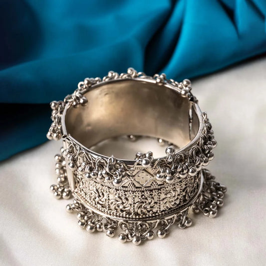 Intricate Silver Ghungroo Cuff Bangle