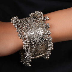 Intricate Silver Ghungroo Cuff Bangle