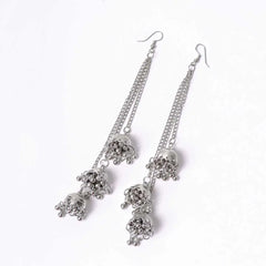 Silver Long Chain Tassel Jhumka Earrings
