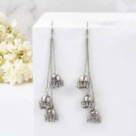 Silver Long Chain Tassel Jhumka Earrings