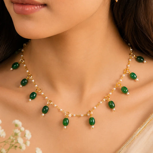 Beaded Pearl Oval Golden Necklace