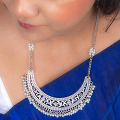 Silver Crescent Filigree Pearl Mogra Necklace